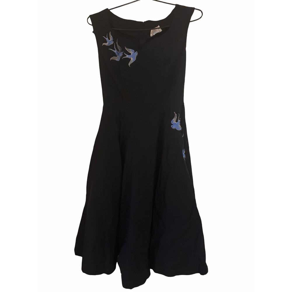 Vintage ENZ’s Black Embroidered Swallow Bird Dress Medium Made in USA